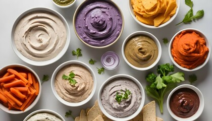 A spread of homemade vegan dips and spreads surrounded by crudité. - obrazy, fototapety, plakaty