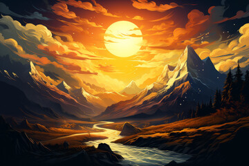 Snowy mountains and flower meadows at sunset