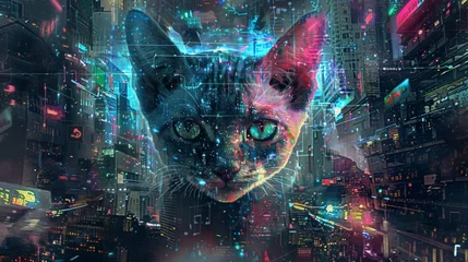 Foto op Plexiglas  A futuristic extraterrestrial cat portrait pixelated neon colors, her appearance exudes advanced technology and alien beauty, set against a cyberpunk cityscape, creating a futuristic cyberpunk feel © Olga