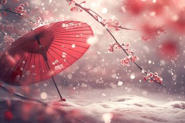 Snow scene under red umbrella and cherry blossom tree