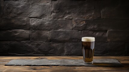 Refreshing steamed glass of cold dark graphite beer on weathered rustic wooden table - obrazy, fototapety, plakaty