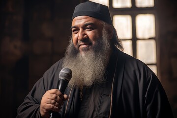 Orthodox monk addressing microphone, delivering speech in front of an attentive audience