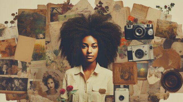 Vintage camera effect shabby collage of beautiful african american woman, pastel colors copy space