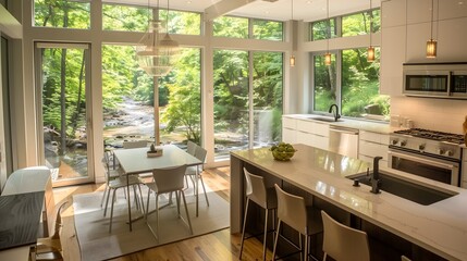 Obraz premium Bright Contemporary Kitchen with Lush Forest View: Tranquil Sanctuary