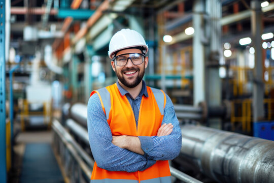 Portrait of young professional heavy industry engineer in industrial factory wearing safety hat