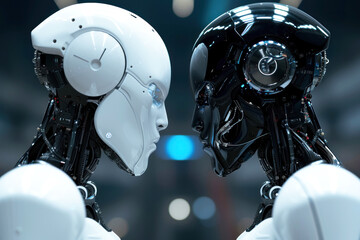 Two futuristic opposite ai robots. Battle of good and bad artificial intelligence robot - obrazy, fototapety, plakaty