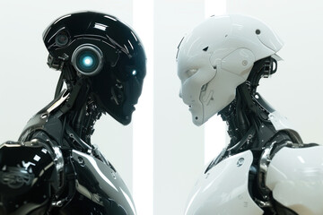 Two futuristic opposite ai robots. Battle of good and bad artificial intelligence robot