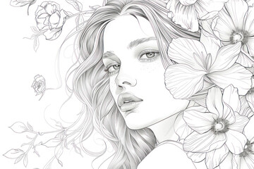 Line art portrait of young beautiful woman with flowers.