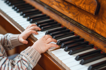 Child's Hands Learning to Play on a Classic Wooden Piano, Music Education and Development Concept