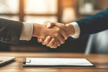 Obraz na płótnie Canvas Close up image of two business people shaking hands after signing a contract while sitting at the wooden desk
