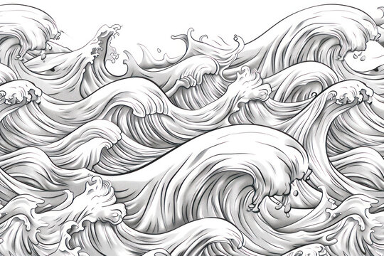 Sea waves sketch pattern. Ocean surf wave hand drawn horizontal seamless pattern illustration.