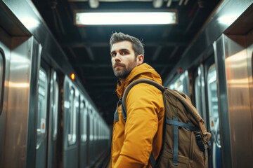 Handsome man with backpack behind stands in front of the open doors of the subway and waiting for next train