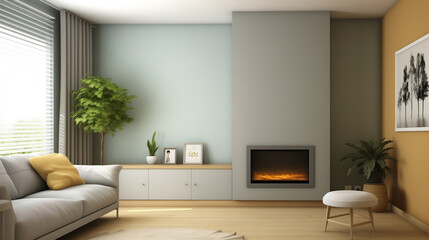 Fototapeta na wymiar Cozy Living Room with Electric Fireplace and Pastel Blue Walls