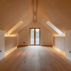 Fototapeta premium Frontal view of a modern attic with empty walls