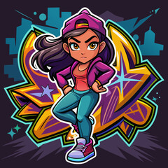  Illustrate a sticker of a trendsetting girl striking a dynamic pose amidst a graffiti-filled urban landscape, capturing the essence of street style for t-shirt embellishments