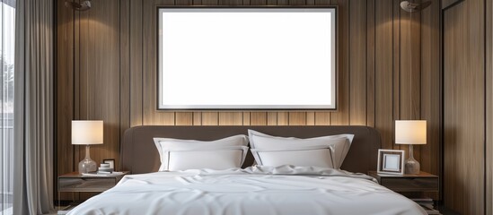 Fototapeta na wymiar Wooden Frame in Upscale Hotel Bedroom Wall
