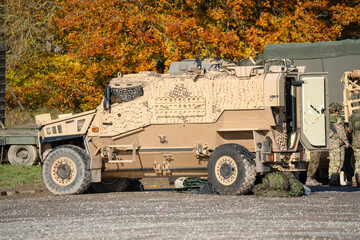 Obraz premium close-up of a British army Foxhound 4x4-wheel drive protected patrol vehicle on a military exercise, Wiltshire UK