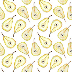 Seamless pattern of pears. Fruit pattern. Half pears. Botanical illustration. Suitable for designing fabric patterns, wallpapers, and backgrounds.