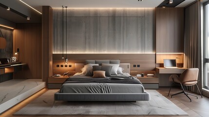 Modern style large bedroom with a floating bed frame and a study area furnished with a built-in desk and a comfortable office chair - obrazy, fototapety, plakaty