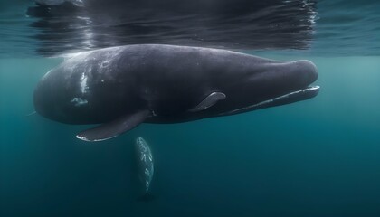 A Mother And Calf Bowhead Whale Swimming Side By S - obrazy, fototapety, plakaty