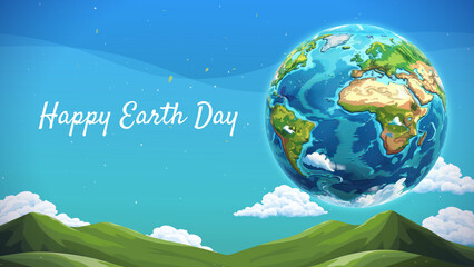 happy earth day greetings illustration with planet earth, with blue background wave and hills or mountain