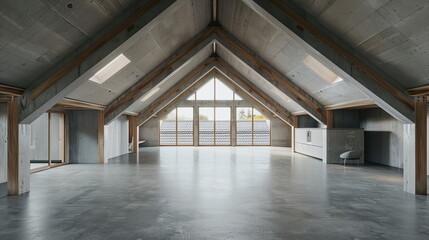 Obraz premium Frontal view of a modern attic with empty walls