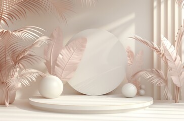 white and gold pedestal with leaf and pink background - obrazy, fototapety, plakaty