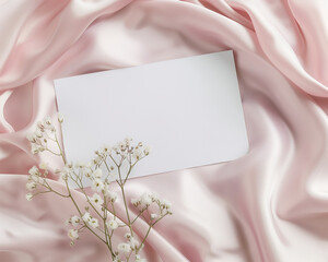 An elegant mockup showcasing a blank white card on soft pink satin fabric