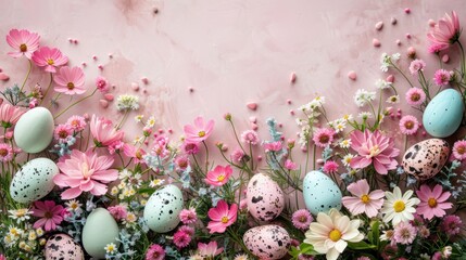 Fototapeta na wymiar Easter-themed backdrop featuring spring flowers and Easter eggs