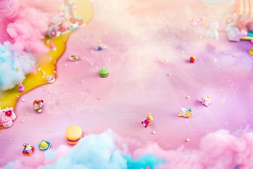 a huge pink carpet with a spacious center surrounded by many cute toys. The pink color scheme, macaron color scheme, bright color