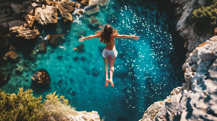Young woman jumping into the sea from the cliff. View from above.