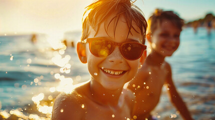 Obraz na płótnie Canvas Happy children having fun on the beach at sunset. Kids having fun on summer vacation