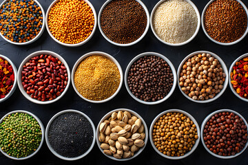 A variety of spices are placed in the bowls, ready to be used as ingredients for creating flavorful dishes. Spices are essential for enhancing the taste of food recipes across different cuisines