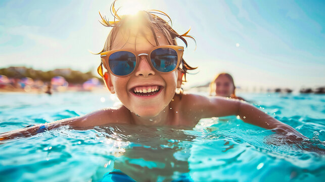 Cute little boy swimming in pool at summer day. Happy child having fun outdoors