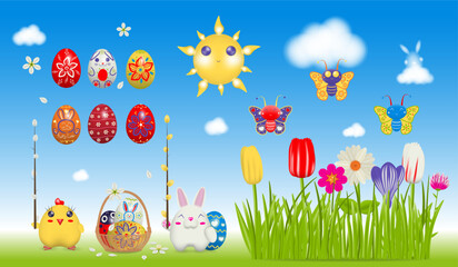 Happy Easter, a set of objects and attributes for the composition. Vector illustration