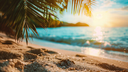Tropical beach with coconut palm tree at sunset. Holiday background