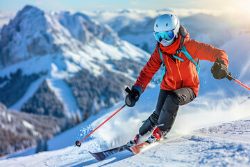 Fototapeta na wymiar Skier descending alpine slope