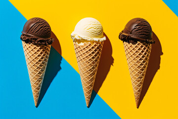 Trio of ice cream cones on dual background