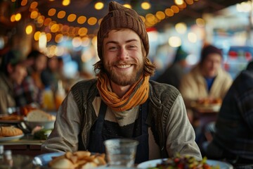Warm-hearted smile of a young homeless man in a beanie, enjoying community support. Represents the power of kindness and community aid. Ideal for stories on homelessness and social support. - obrazy, fototapety, plakaty