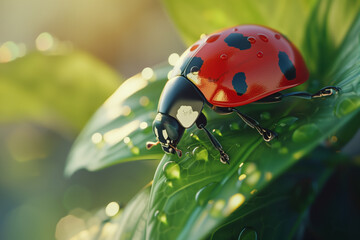 Dew-covered leaf hosting a ladybug