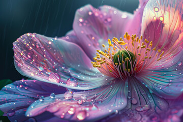 Obraz premium Dew-kissed pink flower in rain