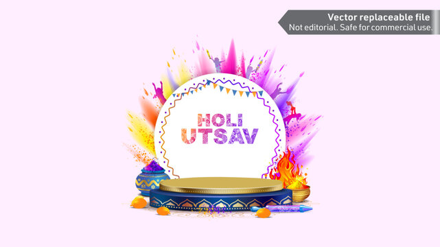 Vector colorful holi festive background with podium stage design and holi utsav text.