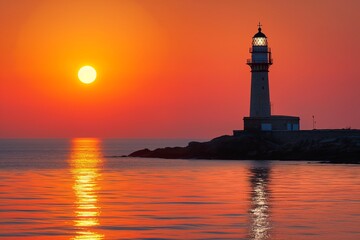 Lighthouse on the sea at the sunset