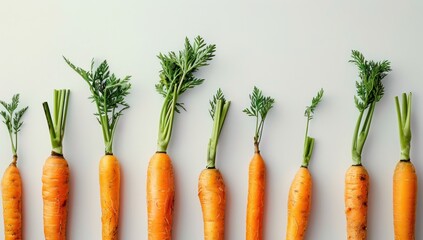 the carrots are sitting along a white background - obrazy, fototapety, plakaty