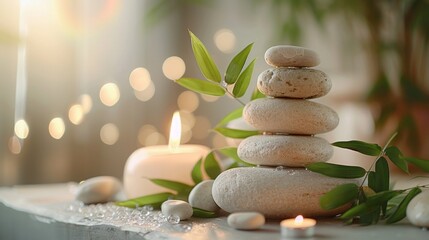 Still life spa setting featuring stacked stones, a burning candle, and bamboo leaves - 759671161
