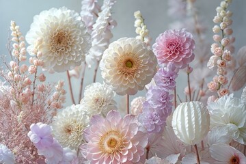 A beautiful arrangement of various pastel-colored flowers, including chrysanthemums and dahlias, arranged in an elegant floral display on a light gray background. - 759671309