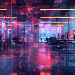 Modern Neon Cyberpunk Open Space Office Interior Partially Blurry Generative AI
