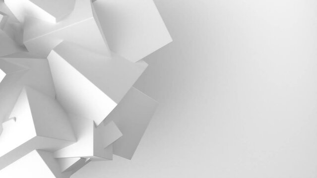 3D Animation - White corporate abstract background of looped animated geometric three-dimensional shapes and copy space