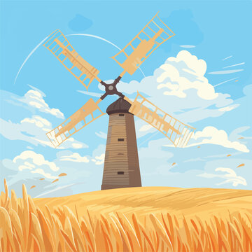 Cartoon windmill and wheaten ears on a sky background