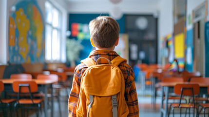 Obraz premium Back view of a boy kid entering the classroom with his backpack , back to school concept image